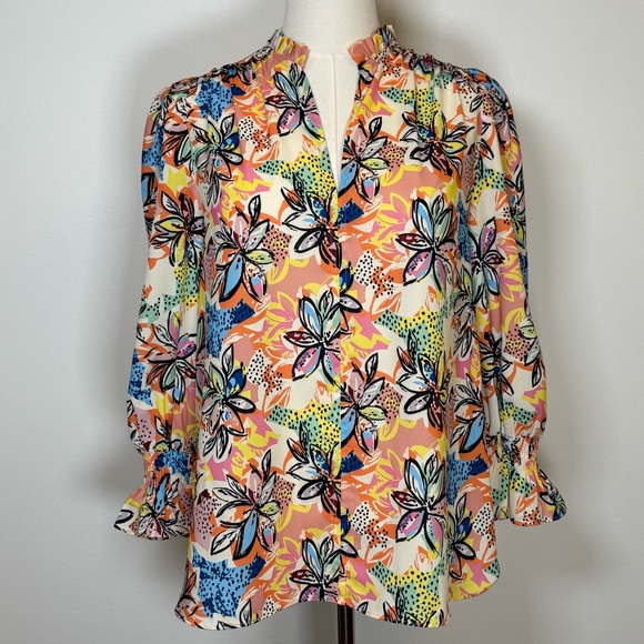 Jade Melody Tam Tops - JADE | Melody Tam Colorful Floral 3/4 Sleeve Split Neck Blouse Women’s Size XS